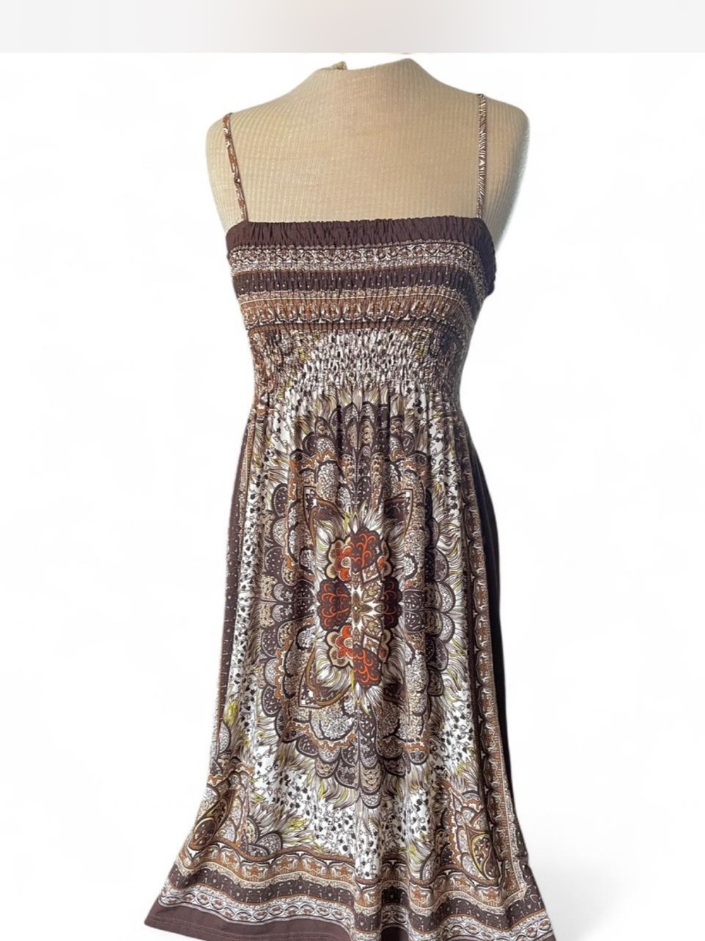 Brown Boho Smocked Spaghetti Strap Summer Maxi Dress